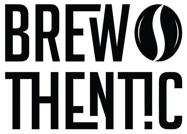 Black text 'BREW THEN!?' with a coffee bean icon on a white background